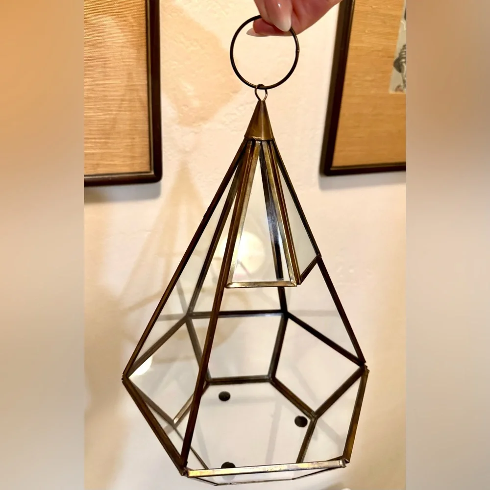 West Elm (discont’d) Gold Brass Geometric Hanging Glass Terrarium /Lantern!